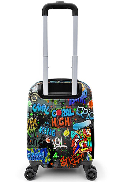 Elatae Policarbon Kırılmaz Siyah Mavi Grafiti Desenli Çocuk Valizi