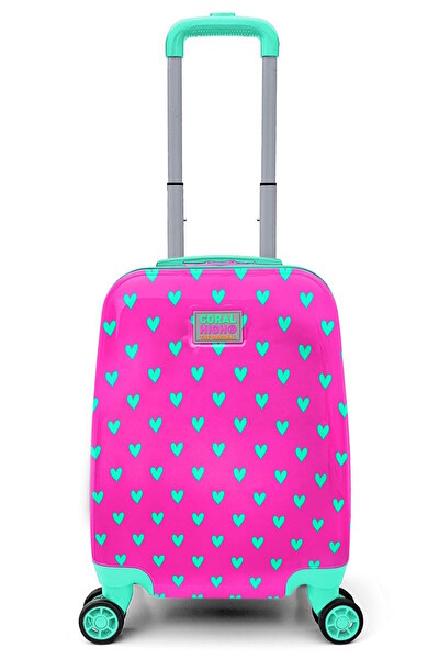 Elatae Policarbon Kırılmaz Neon Pembe Kalp Desenli Çocuk Valizi