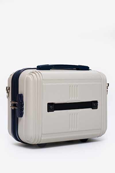 Elatae V303 Kırılmaz Premium Bej-Lacivert Kadın Makyaj Çantası Omuz Askılı Şifreli El Valizi