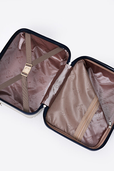 Elatae V303 Kırılmaz Premium Bej-Lacivert Kadın Makyaj Çantası Omuz Askılı Şifreli El Valizi