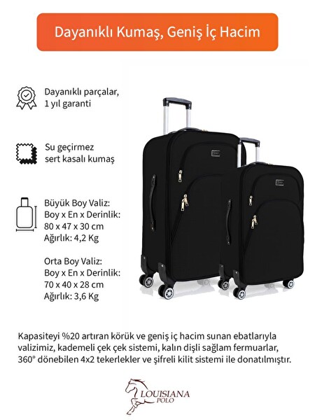 Louisiana Polo 1081 4 Teker Kumaş Siyah Büyük ve Orta Boy Valiz Seti