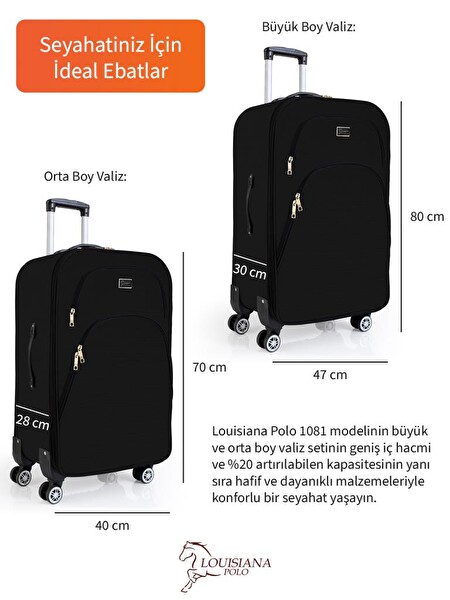 Louisiana Polo 1081 4 Teker Kumaş Siyah Büyük ve Orta Boy Valiz Seti