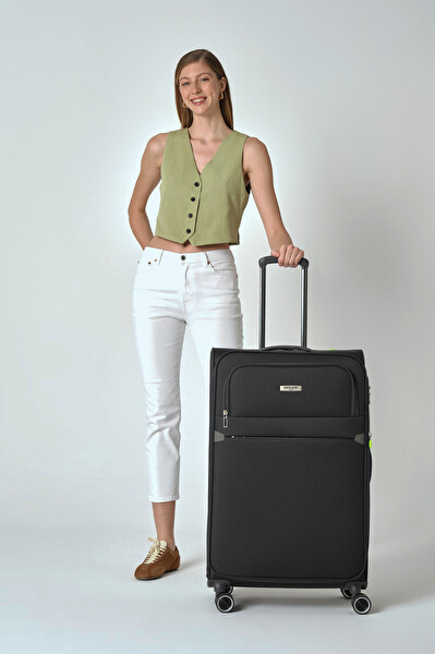 Pierre Cardin 04PC6000 Büyük ve Kabin Boy Lüx Kumaş Siyah 2'li Valiz Seti