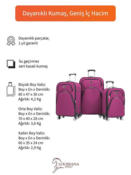 Louisiana Polo 1081 4 Teker Kumaş Pembe 3'lü Valiz Seti