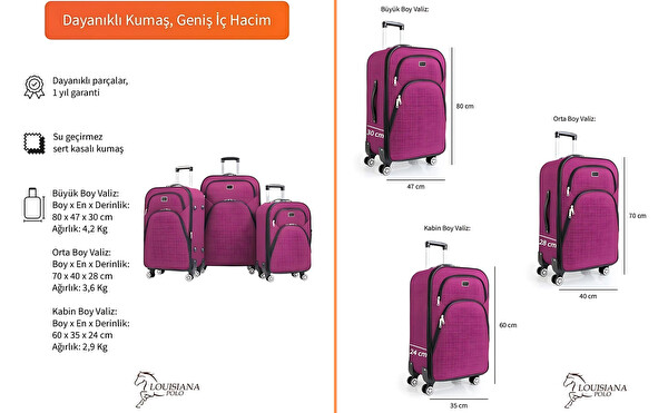 Louisiana Polo 1081 4 Teker Kumaş Pembe 3'lü Valiz Seti