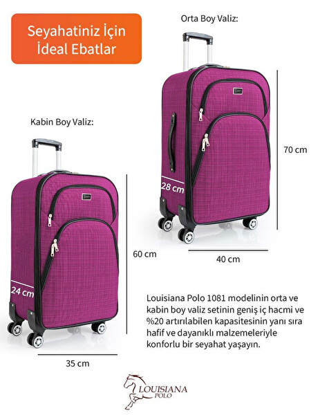 Louisiana Polo 1081 4 Teker Kumaş Pembe Orta ve Kabin Boy 2'li Valiz Seti