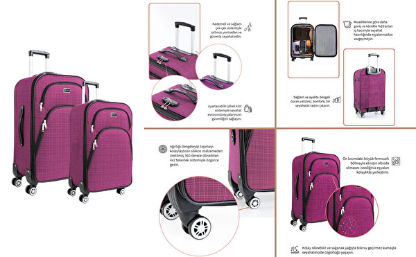 Louisiana Polo 1081 4 Teker Kumaş Pembe Orta ve Kabin Boy 2'li Valiz Seti
