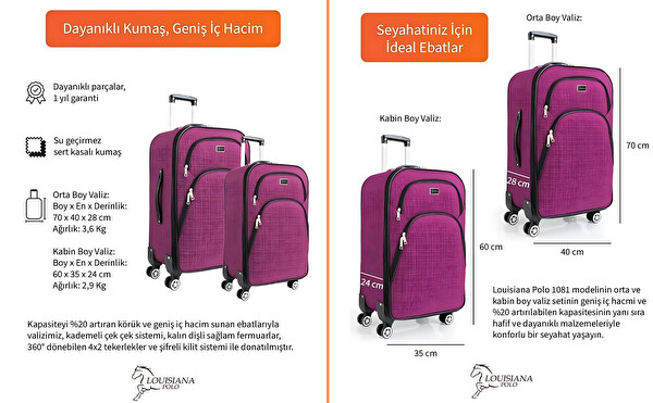 Louisiana Polo 1081 4 Teker Kumaş Pembe Orta ve Kabin Boy 2'li Valiz Seti