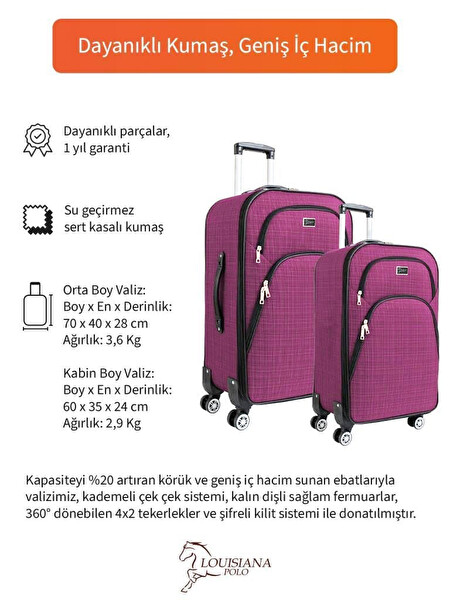Louisiana Polo 1081 4 Teker Kumaş Pembe Orta ve Kabin Boy 2'li Valiz Seti