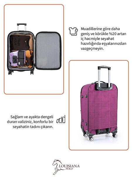 Louisiana Polo 1081 4 Teker Kumaş Pembe Orta ve Kabin Boy 2'li Valiz Seti