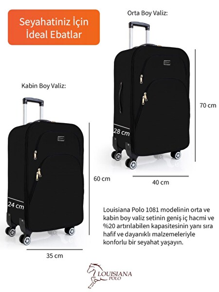 Louisiana Polo 1081 Siyah 4 Teker Kumaş Orta Boy ve Kabin Boy 2'li Valiz Seti