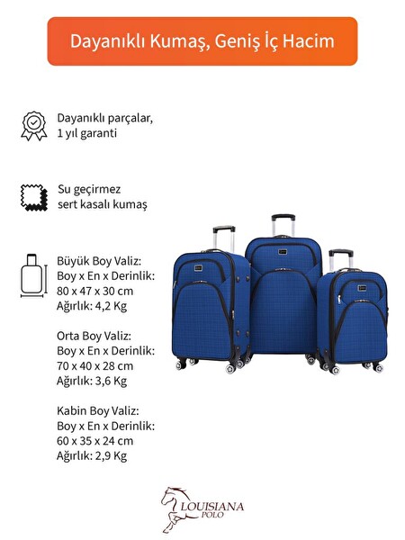 Louisiana Polo 1081 4 Teker Kumaş Saks Mavi 3'lü Valiz Seti