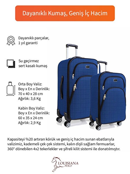 Louisiana Polo 1081 4 Teker Kumaş Saks Mavi Orta ve Kabin Boy Valiz Seti
