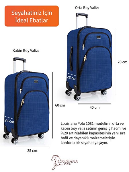 Louisiana Polo 1081 4 Teker Kumaş Saks Mavi Orta ve Kabin Boy Valiz Seti
