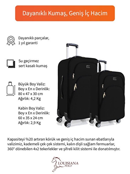 Louisiana Polo 1081 4 Teker Kumaş Siyah Büyük ve Kabin Boy Valiz Seti