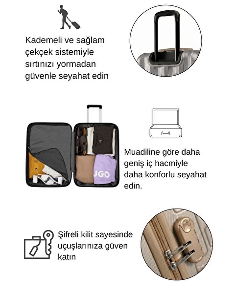 Louisiana Polo Büyük Boy - Orta Boy - Kabin Boy - Makyaj 4'lü Valiz Seti Taş - Bej 1167