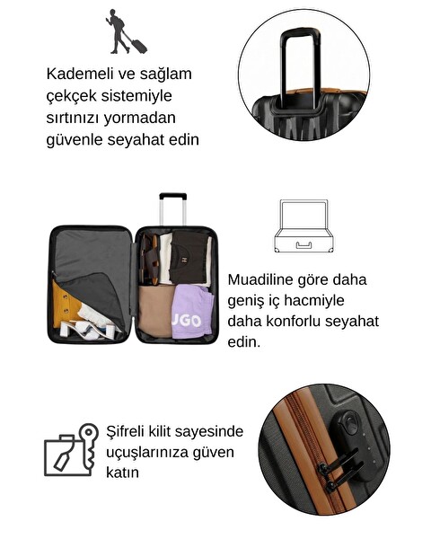 Louisiana Polo 2'li Valiz Seti Büyük Boy - Kabin Boy - Makyaj Siyah - Taba 1167