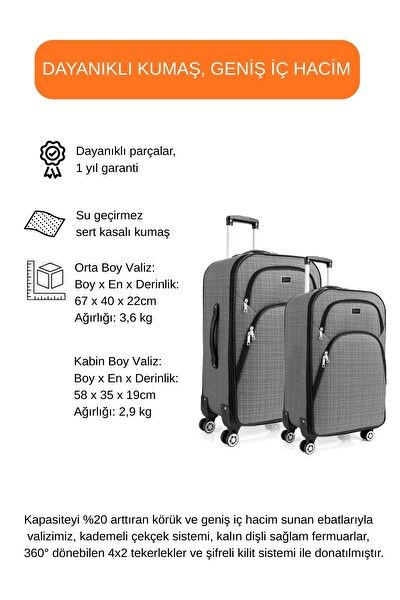 Louisiana Polo Orta ve Kabin Boy Valiz Seti 4 Teker Kumaş Valiz Gri 1081