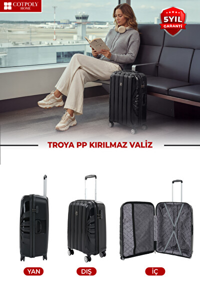 Cotpoly Home Troya Polipropilen PP Kırılmaz Büyük ve Orta Boy 360 Derece Döner Sessiz Tekerlekli 2'li Valiz Seti Siyah