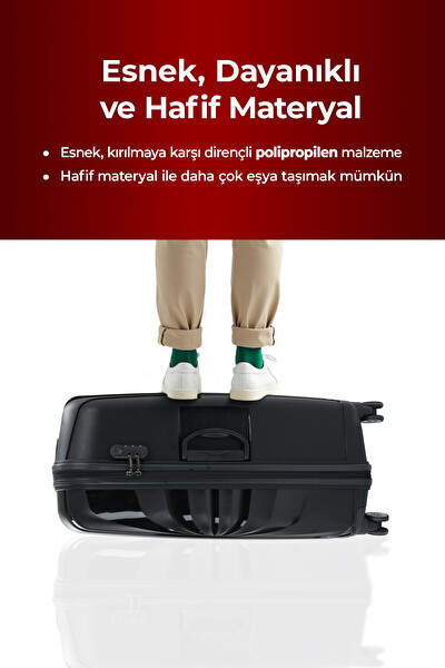 Cotpoly Home Troya Polipropilen PP Kırılmaz Büyük ve Orta Boy 360 Derece Döner Sessiz Tekerlekli 2'li Valiz Seti Siyah