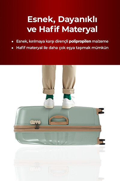 Cotpoly Home Troya Polipropilen PP Kırılmaz Büyük ve Orta Boy 360 Derece Döner Sessiz Tekerlekli 2'li Valiz Seti Yeşil-Taba