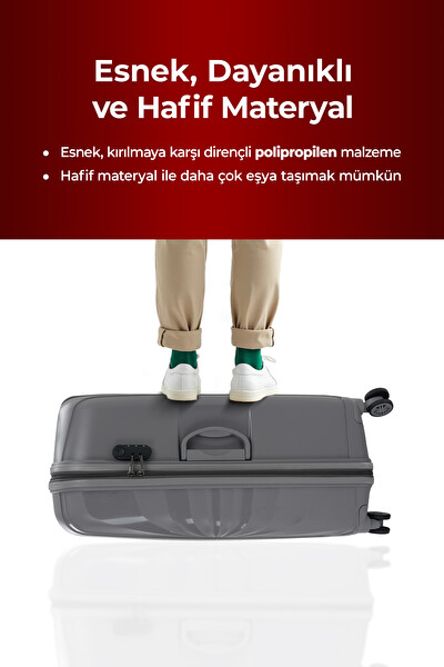 Cotpoly Home Troya Polipropilen PP Kırılmaz Büyük ve Orta Boy 360 Derece Döner Sessiz Tekerlekli 2'li Valiz Seti Gri