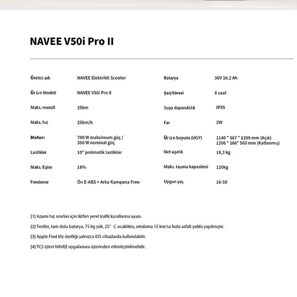 Navee v50i Pro 2 Amortisörlü 50 KM Menzil 700 W TCS- IPX5 Doubleflip Elektrikli Scooter