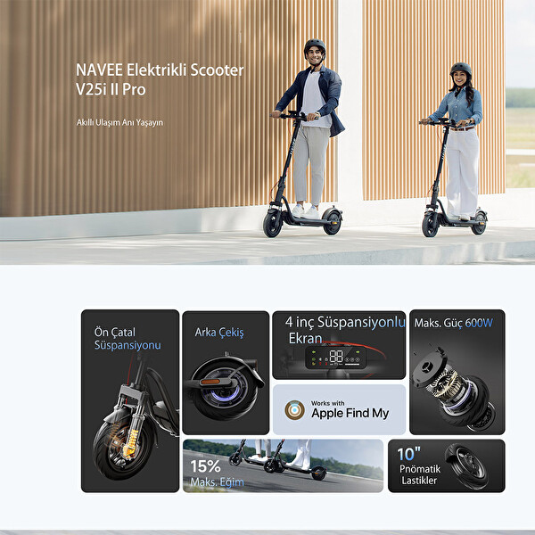 Navee v25i Pro 2 Amortisörlü 25 K Menzil 600W TCS IPX5 Doubleflip Elektrikli Scooter
