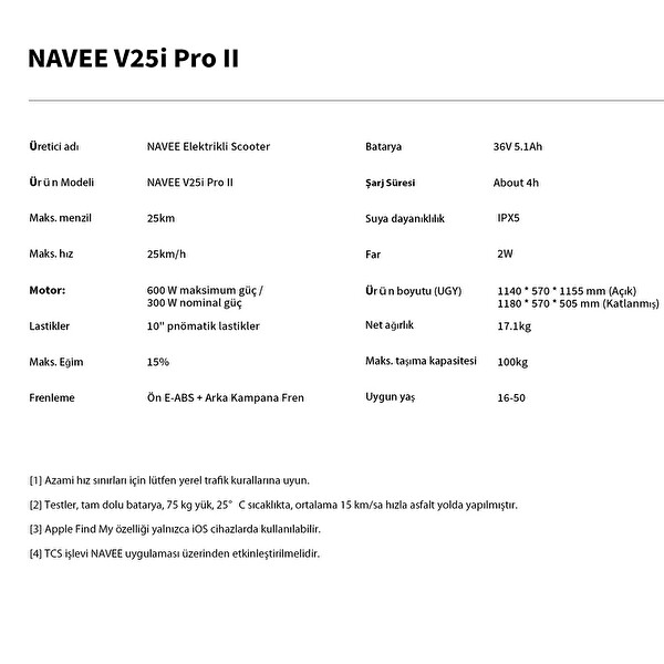 Navee v25i Pro 2 Amortisörlü 25 K Menzil 600W TCS IPX5 Doubleflip Elektrikli Scooter