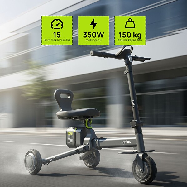 İgofor Hafif Taşınabilir Uzun Menzilli 3 Tekerlekli Katlanabilir Elektrikli Oturulabilir Scooter