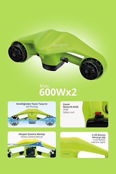 Triathlon T-249Y 1200W Çift Motor 40M Dalış 3 Hız Aksiyon Kamera Elektrikli Deniz Scooter