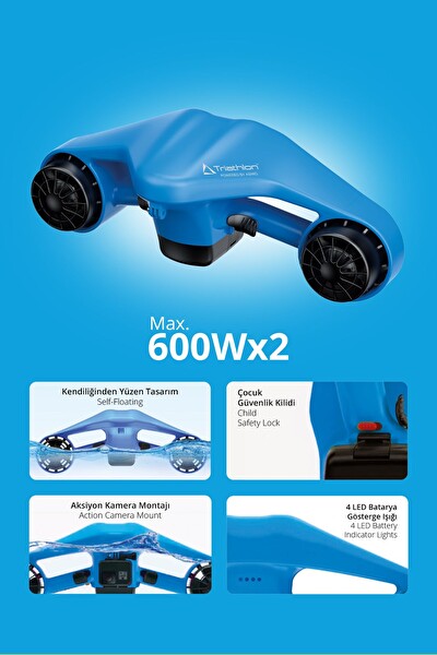 Triathlon T-249M 1200W Çift Motor 40M Dalış 3 Hız Aksiyon Kamera Elektrikli Deniz Scooter