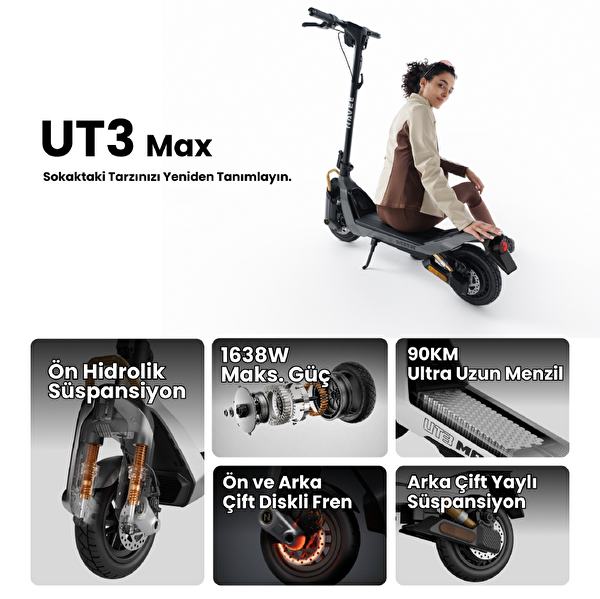 Navee UT3 Max 1638W Güç 28 Eğim 130 KG Taşıma Kapasitesi Tcs Özellikli Elektrikli Scooter