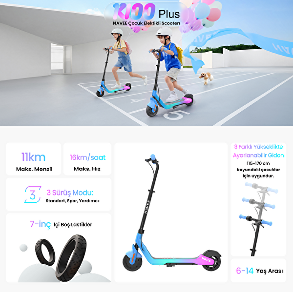 Navee K100 Plus Ayarlanabilir Gidonlu 160W Güç 11 Km Menzil Çocuk Elektrikli Scooter
