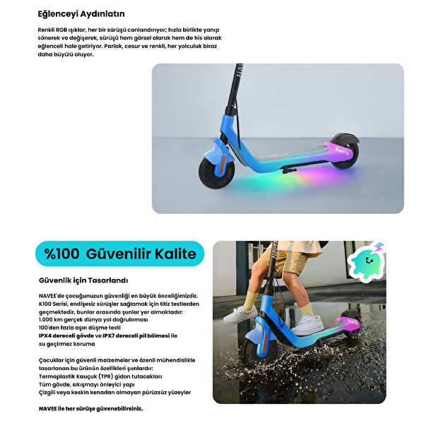 Navee K100 Plus Ayarlanabilir Gidonlu 160W Güç 11 Km Menzil Çocuk Elektrikli Scooter