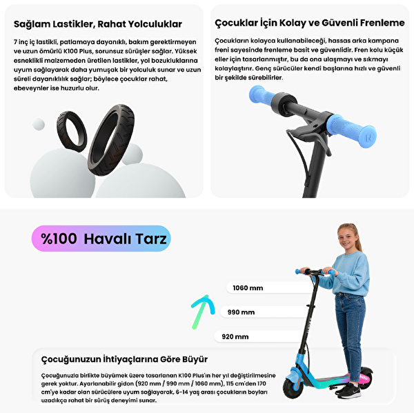 Navee K100 Plus Ayarlanabilir Gidonlu 160W Güç 11 Km Menzil Çocuk Elektrikli Scooter
