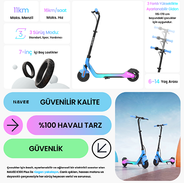 Navee K100 Plus Ayarlanabilir Gidonlu 160W Güç 11 Km Menzil Çocuk Elektrikli Scooter