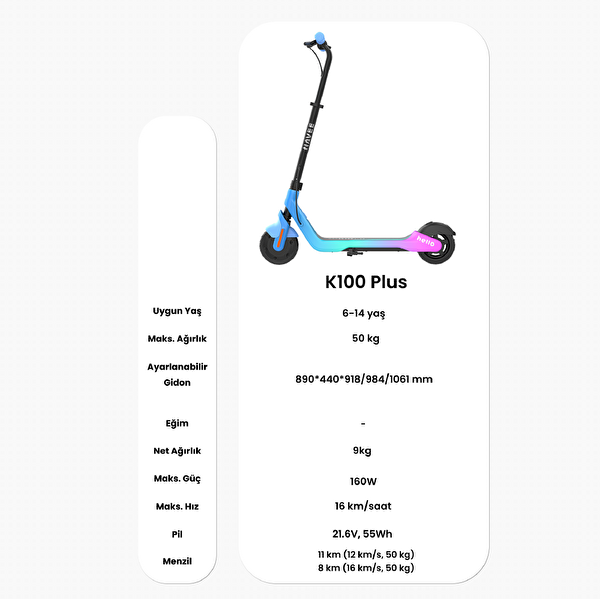 Navee K100 Plus Ayarlanabilir Gidonlu 160W Güç 11 Km Menzil Çocuk Elektrikli Scooter