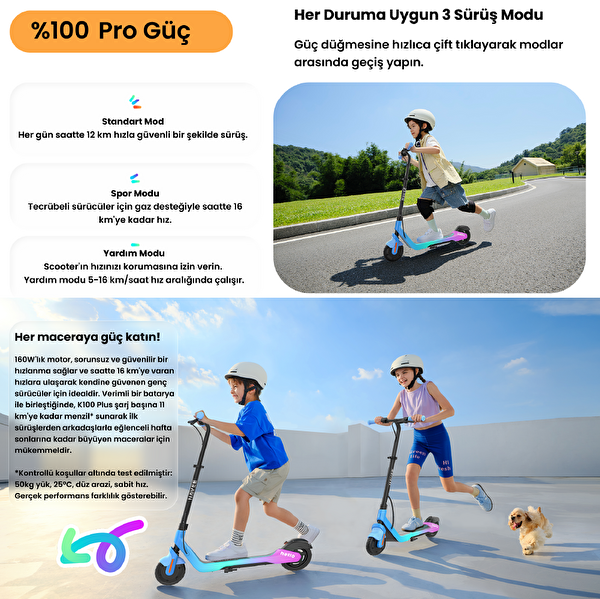 Navee K100 Plus Ayarlanabilir Gidonlu 160W Güç 11 Km Menzil Çocuk Elektrikli Scooter