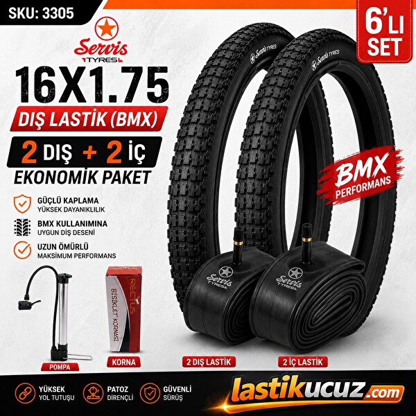 Servis 16x1.75 BMX Bisiklet Dış Lastik - İç Lastik Seti (2'şer Adet) - Pompa - 8 Sesli Korna