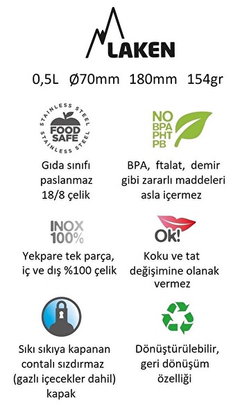 Laken Basic LKBSH50NE 0.50 L 18/8 Çelik Tek Çeper Siyah Şişe