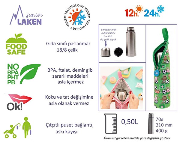 Laken Sineras LKL1800.05S Pembe Kılıflı Çelik 0.50 L Gri Termos