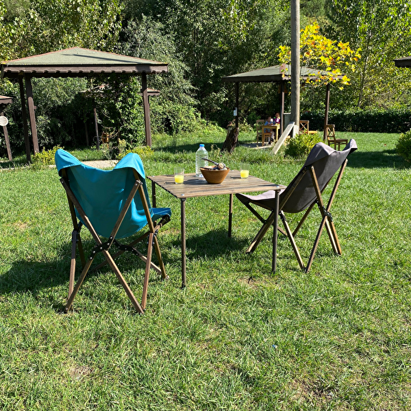 Bag The Joy Antrasit İskelet Turkuaz Kılıf ve 60x60x55 CM Antrasit Masa Ahşap Katlanır Masa Sandalye Seti