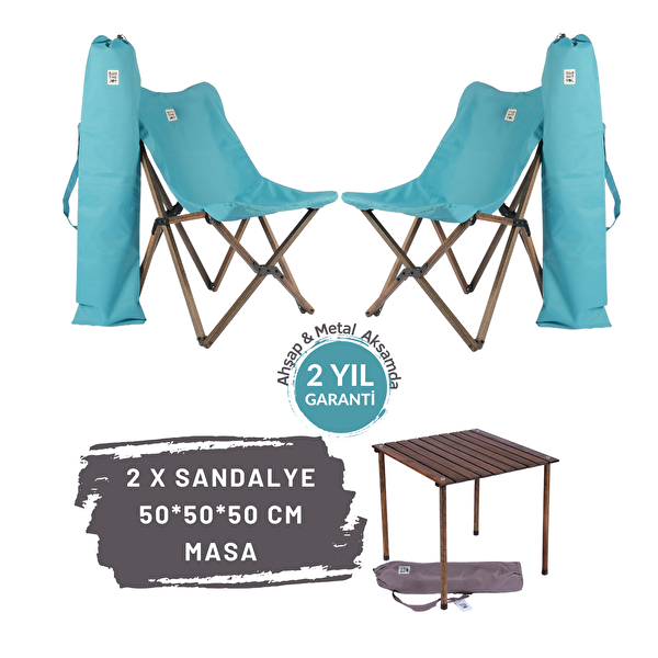 Bag The Joy Antrasit İskelet Turkuaz Kılıf ve 50x50x50 CM Antrasit Masa Ahşap Katlanır Masa Sandalye Seti