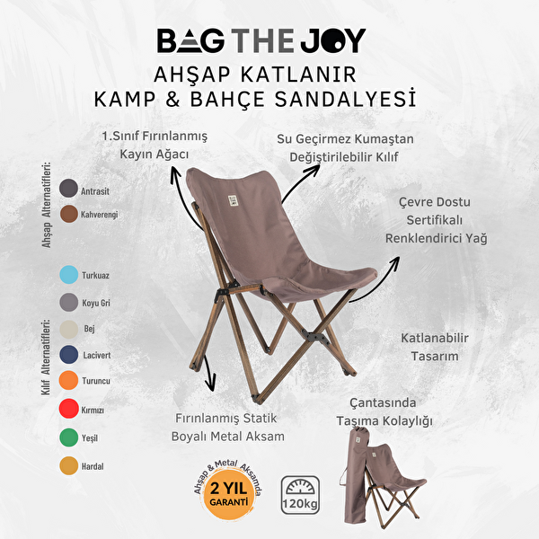 Bag The Joy Antrasit İskelet Koyu Gri Kılıf Ahşap Katlanır Kamp ve Bahçe Sandalyesi