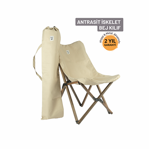 Bag The Joy Antrasit İskelet Bej Kılıf Ahşap Katlanır Kamp ve Bahçe Sandalyesi