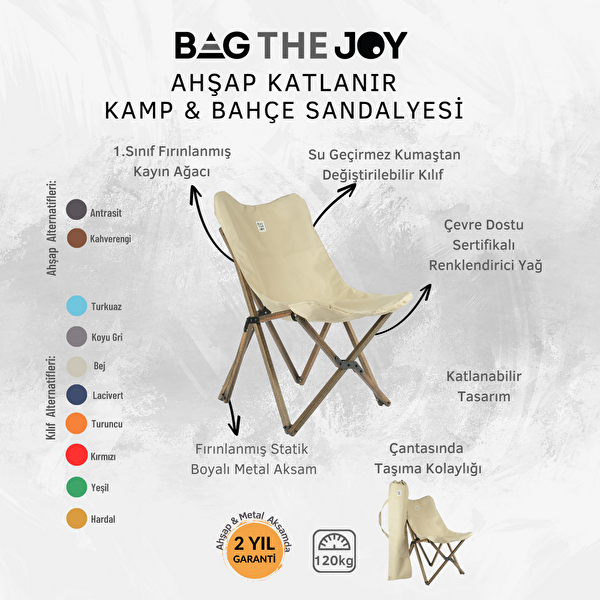 Bag The Joy Antrasit İskelet Bej Kılıf Ahşap Katlanır Kamp ve Bahçe Sandalyesi