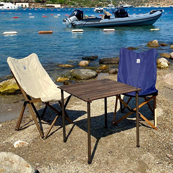 Bag The Joy Antrasit İskelet Bej Kılıf Ahşap Katlanır Kamp ve Bahçe Sandalyesi