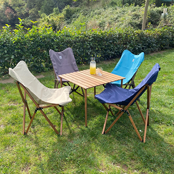 Bag The Joy Kahverengi İskelet Lacivert Kılıf 70x70x55 CM Kahverengi Masa Ahşap Katlanır Masa Sandalye Seti