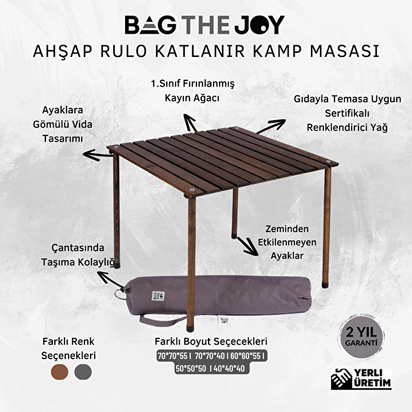 Bag The Joy Antrasit İskelet Koyu Gri Kılıf 70x70x55 CM Antrasit Masa Ahşap Katlanır Masa Sandalye Seti